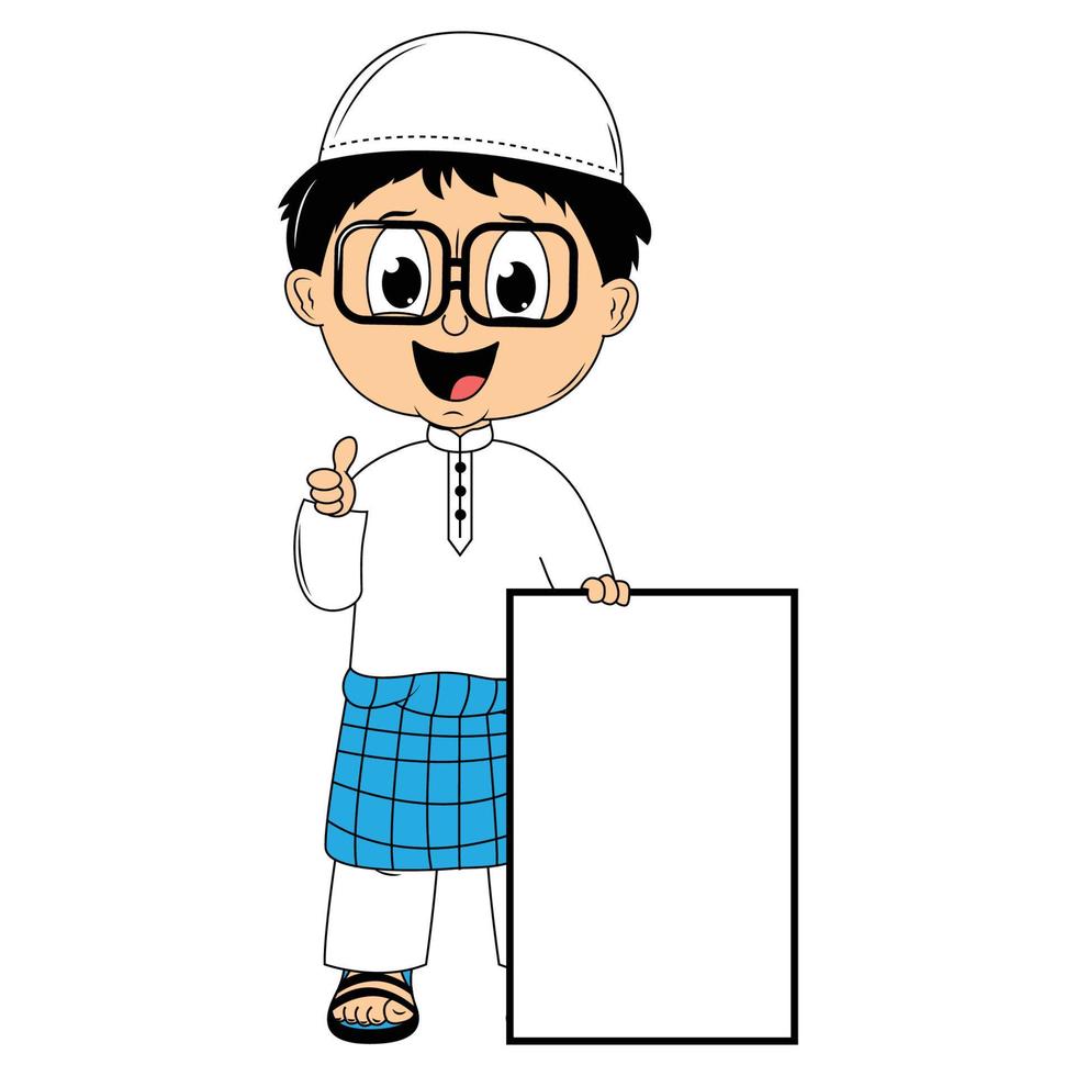 cute moslem boy cartoon illustration vector