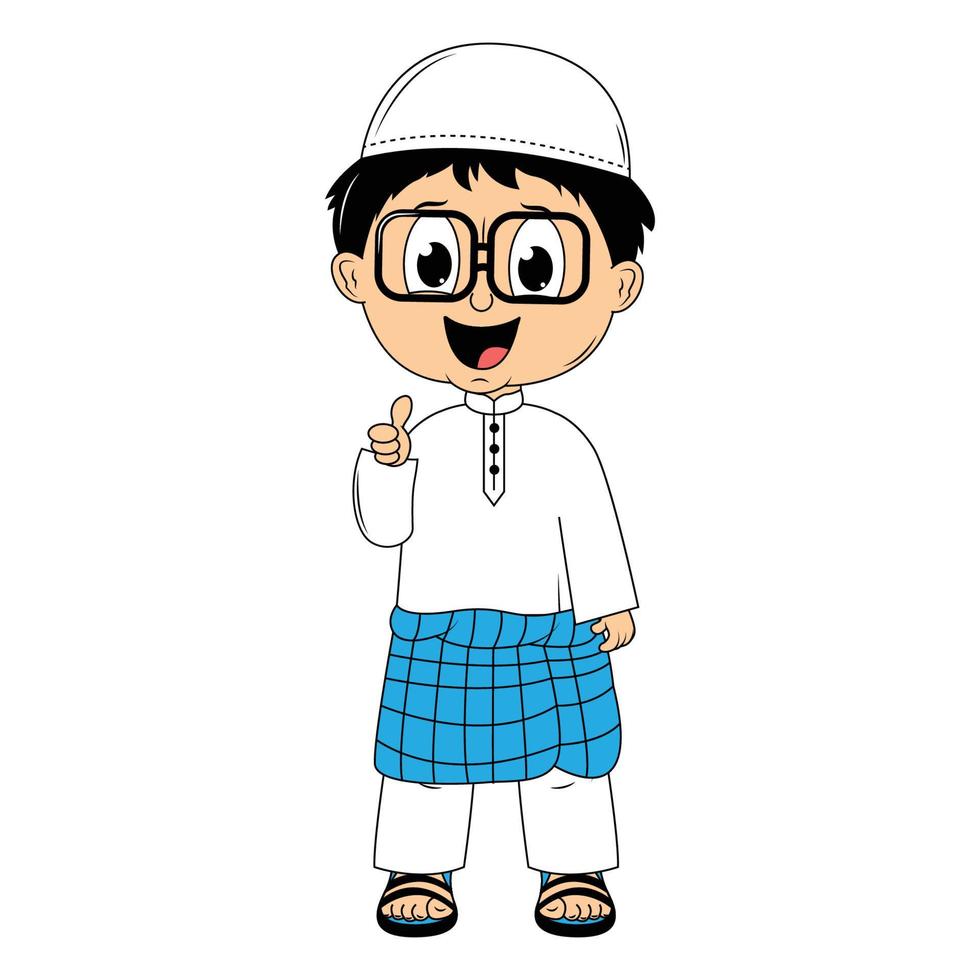 cute moslem boy cartoon illustration vector