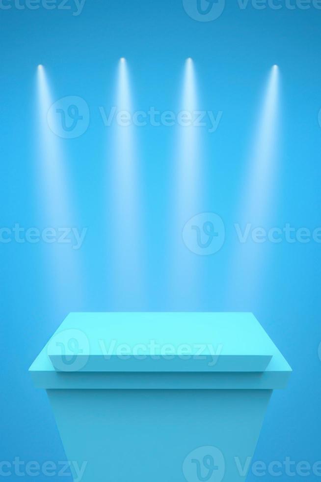 blue rectangle podium on blue background with spotlights. pedestal for product display, 3d rendered photo