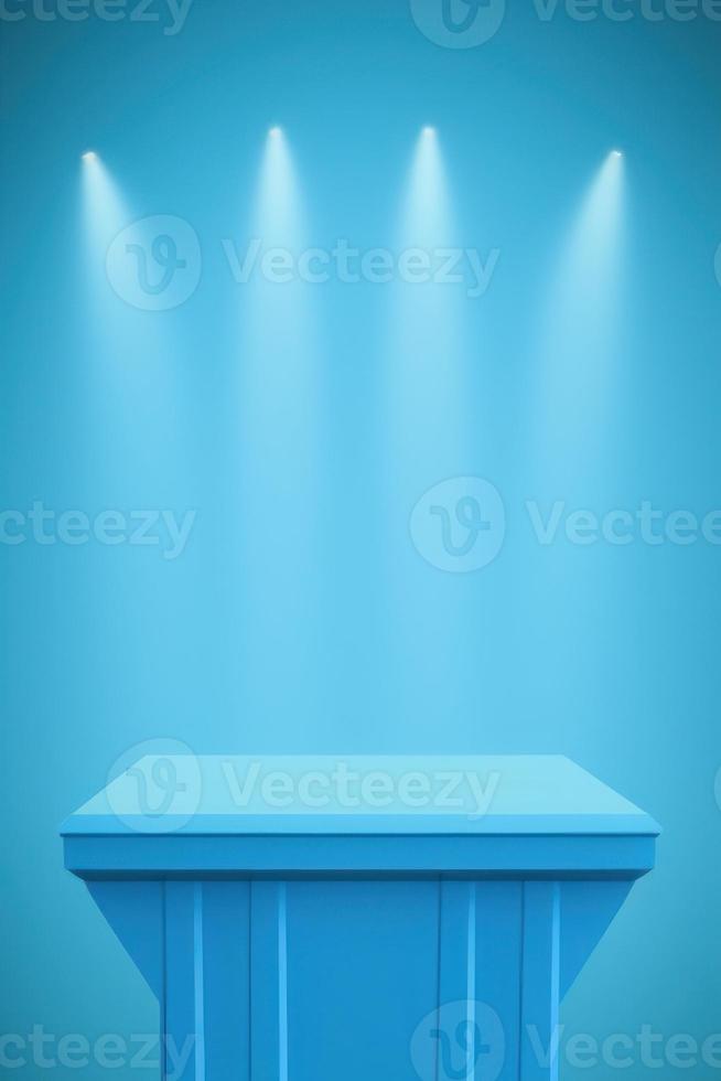 blue rectangle podium on blue background with spotlights. pedestal for product display, 3d rendered photo