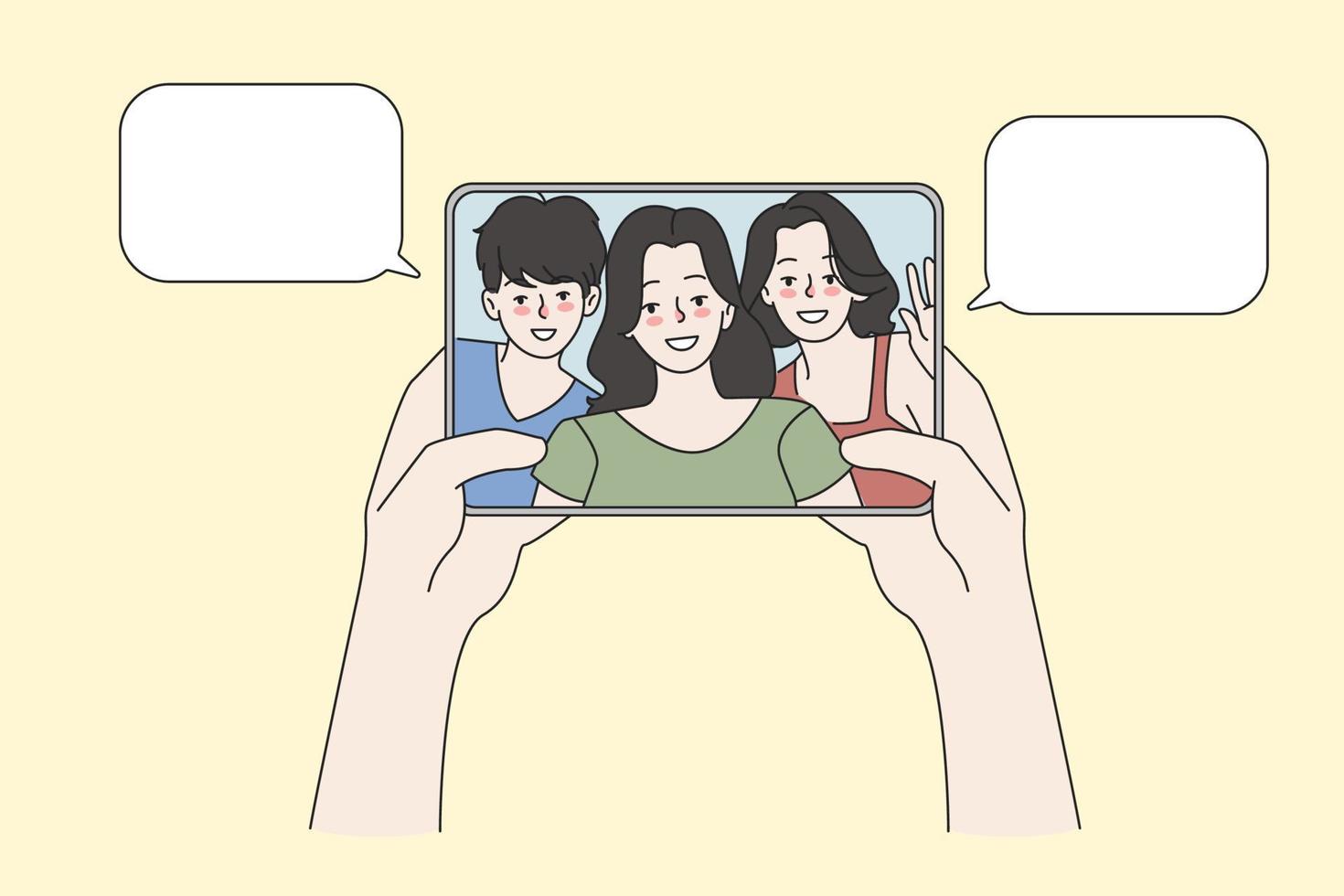 Person hold tablet device talk speak on video call online with friends. People have webcam digital conference communication on pad gadget. Distant virtual event, technology. Vector illustration.