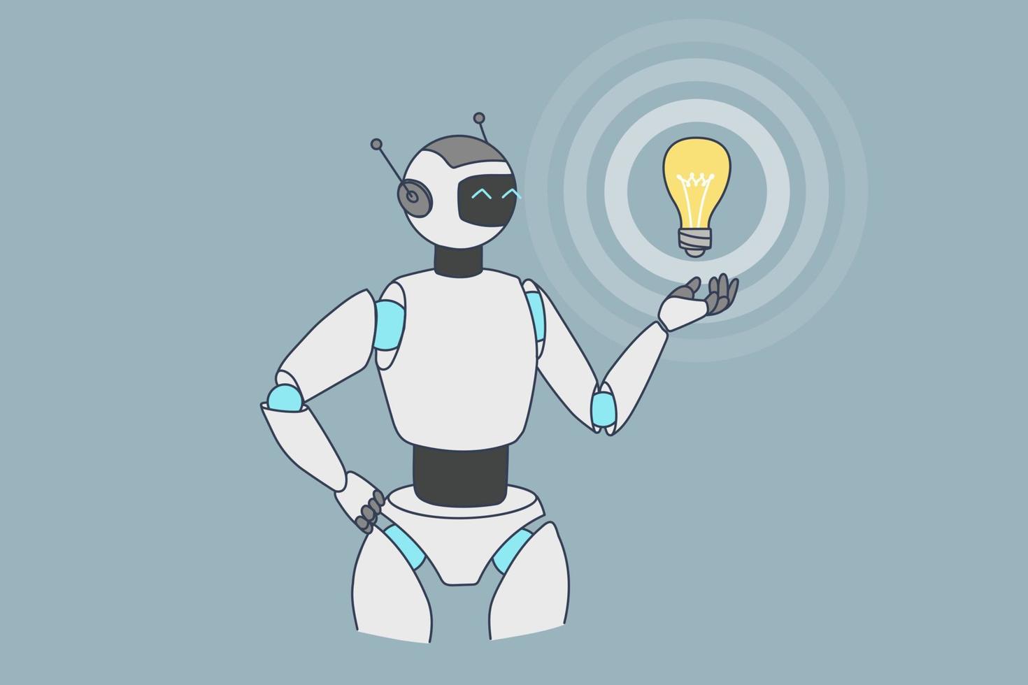 robot sostener bombilla pensar generar ideas humanoide cyborg desarrollar pensamiento idea genial. artificial inteligencia concepto. digital virtual ayudante o asistente. moderno tecnología. vector ilustración.