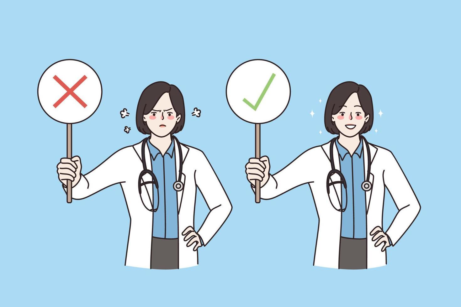 Approval and denying in medicine concept. Young man Male doctor happy smiling with right and negative with wrong sign standing holding looking at camera vector illustration