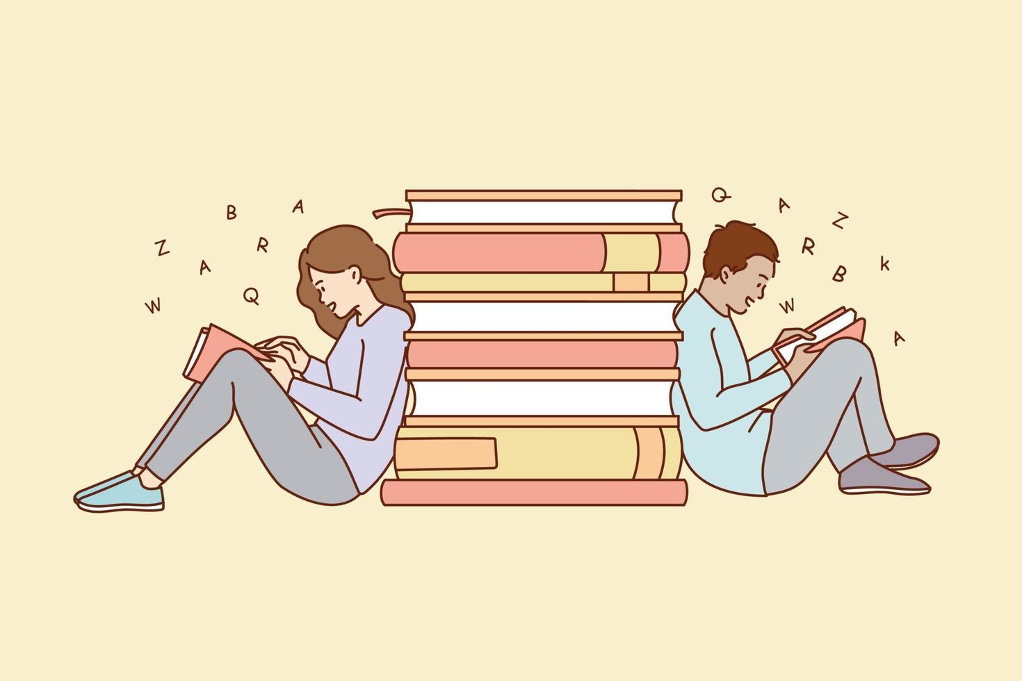 Man and woman sit near books pile stack reading relaxing on weekend. People literature lovers enjoy reading alone. Knowledge, education, bookworm. Cartoon character, flat vector illustration.