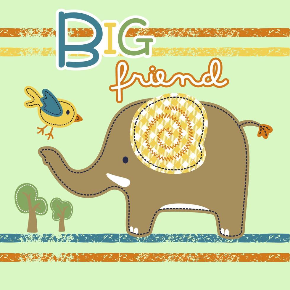 Funny elephant with a bird, vector cartoon illustration
