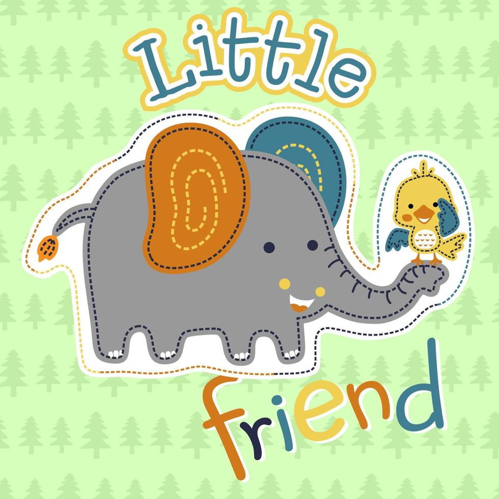 cute elephant with little bird on trees background pattern, vector cartoon illustration