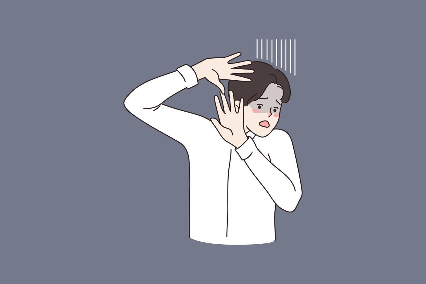 Anxious young man make stop hand gesture feel scared frightened. Millennial guy show denial rejection, terrified and afraid. Human emotion, fear and scare. Panic, anxiety. Flat vector illustration.