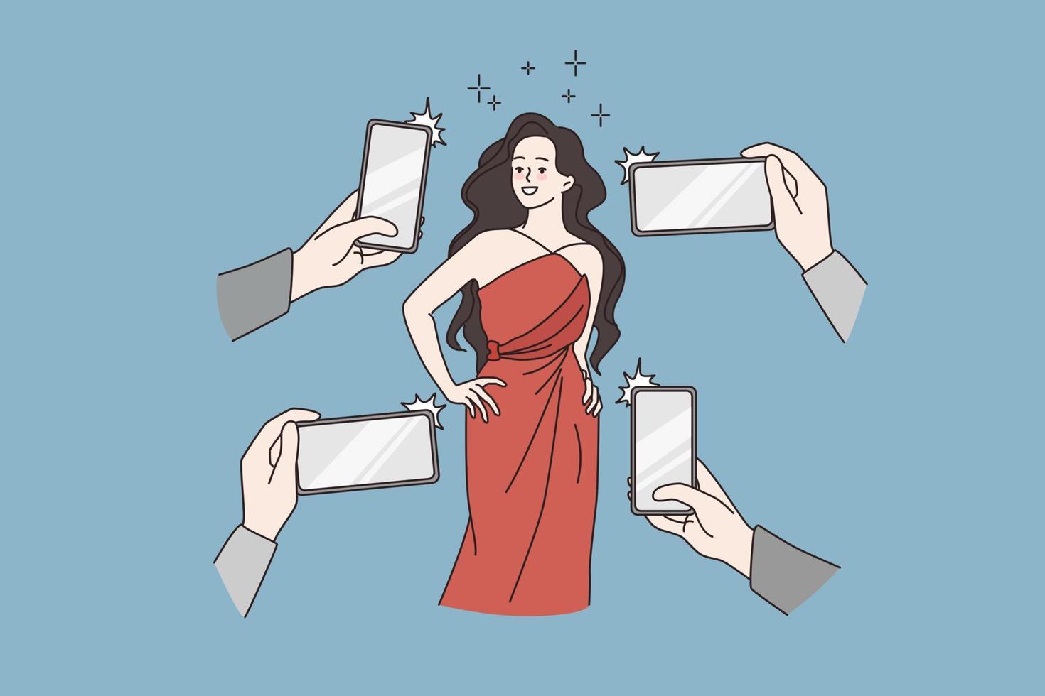 Beautiful woman star pose on red carpet for photographer reporters making pictures on smartphones. Smiling female celebrity on event photographed by journalists. Flat vector illustration.