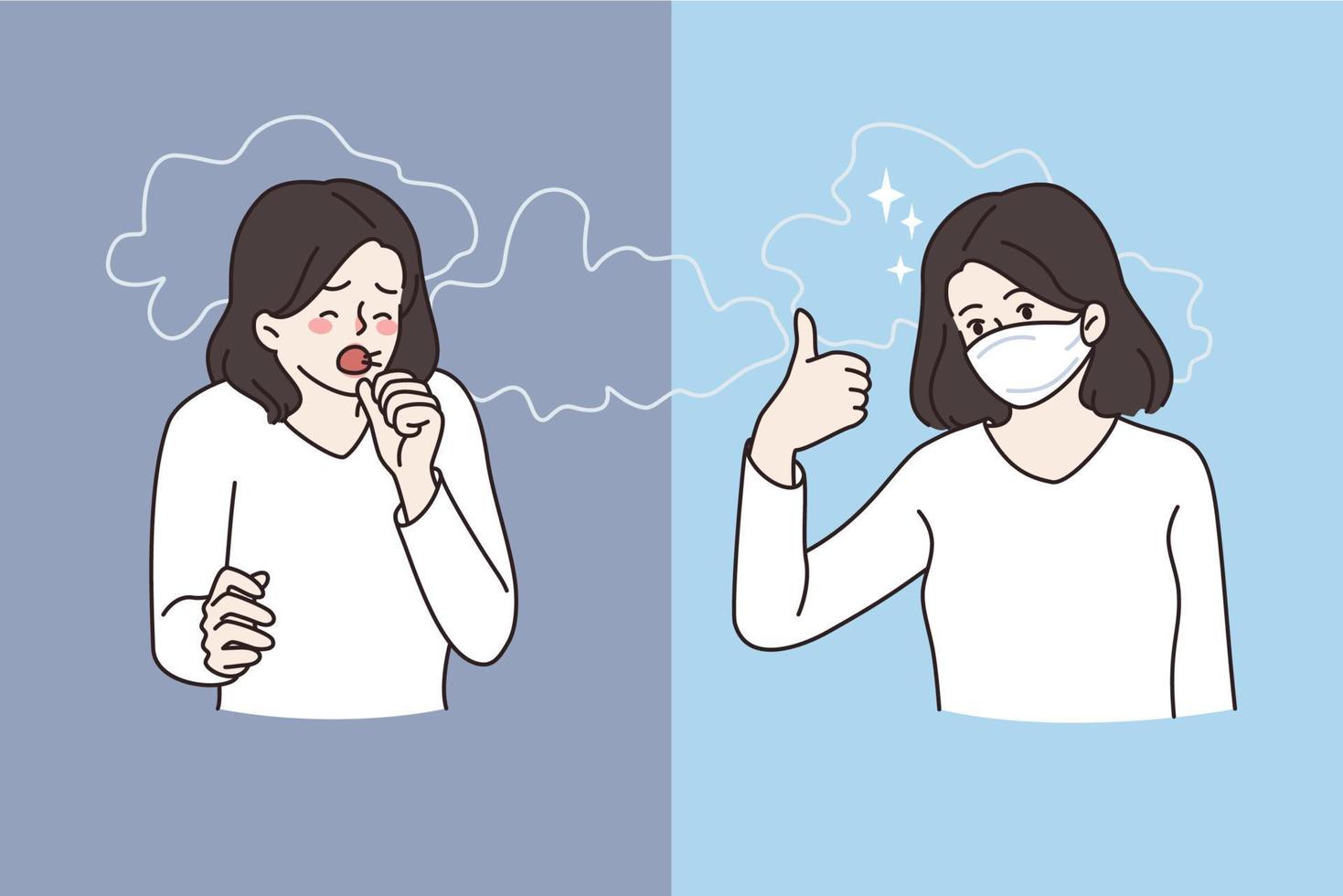 Air pollution and smoke concept. Young woman cartoon character standing coughing and wearing protective face mask against smoke vector illustration