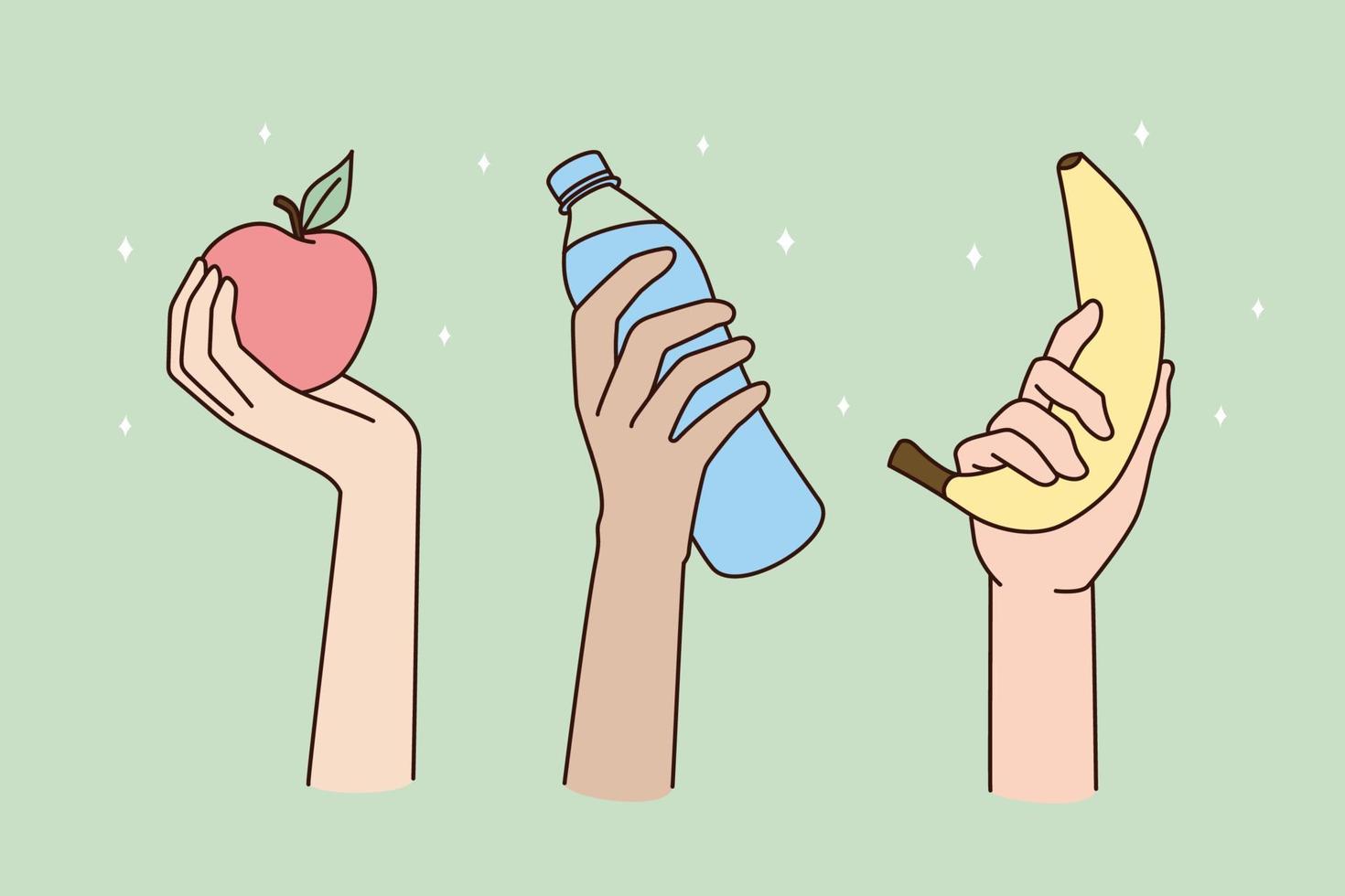 People hands holding fruit and water follow healthy lifestyle. Close up diverse men women recommend good eating nutrition habits for keeping fit. Diet, wellness concept. Flat vector illustration.