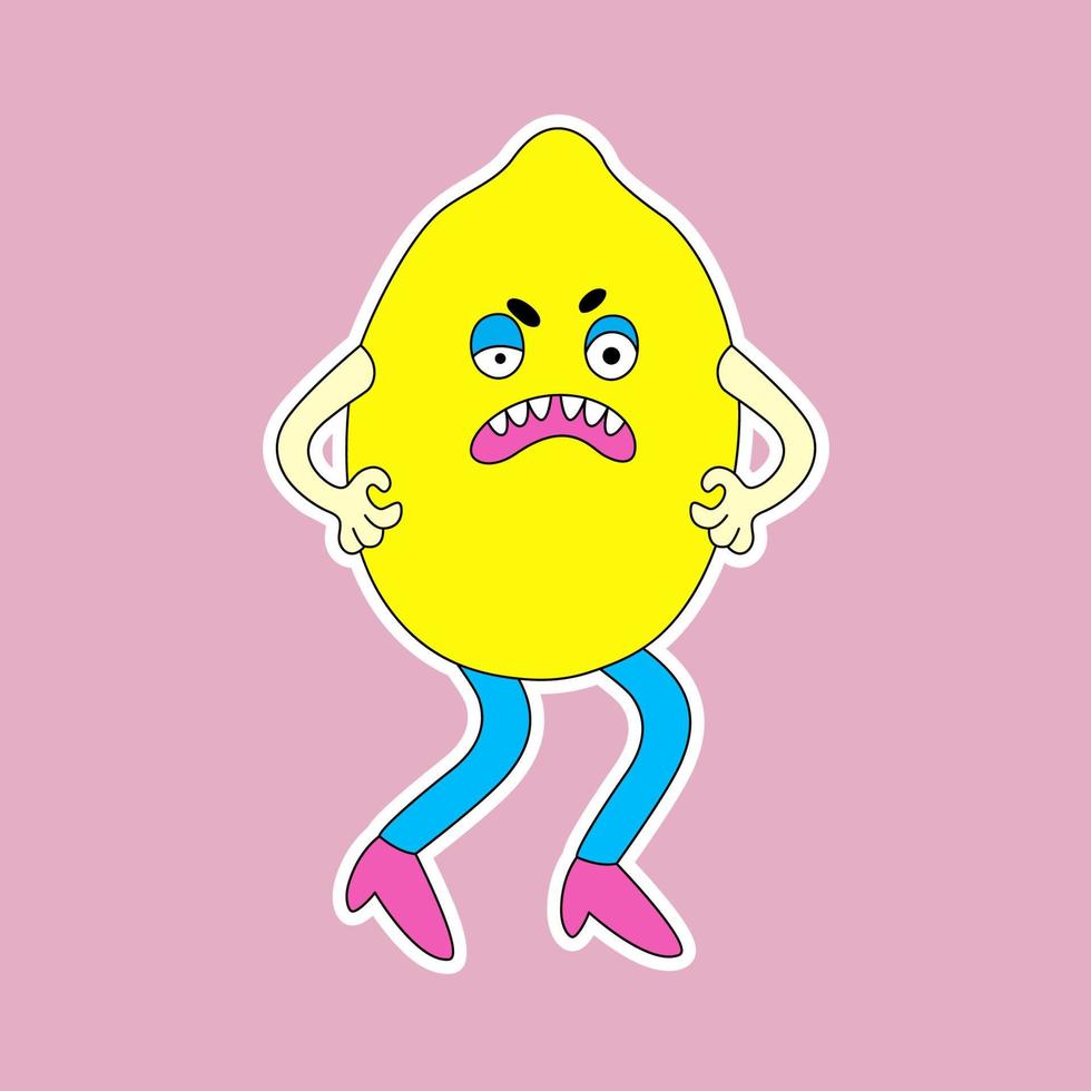 Funny cartoon character Lemon with the emotion of anger. Cute fruit sticker in retro style. vector