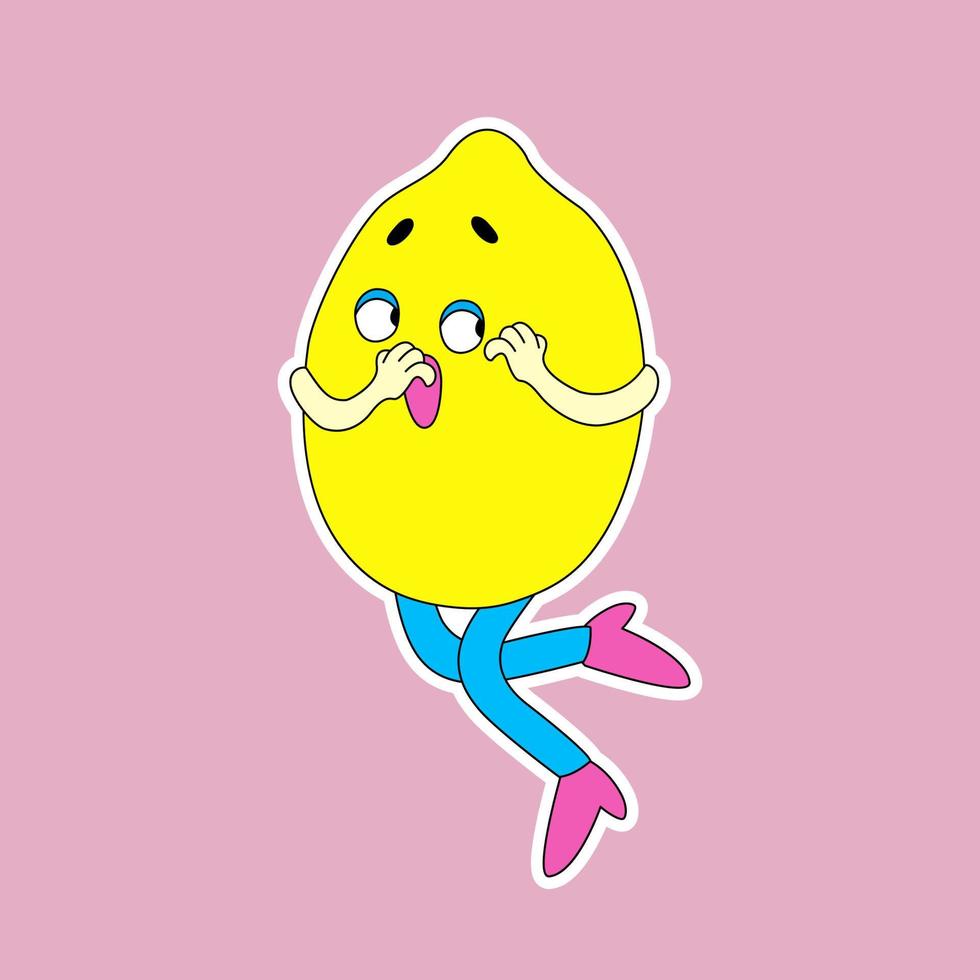 Funny cartoon character Lemon with the emotion of fright. Cute retro-style fruit sticker. vector