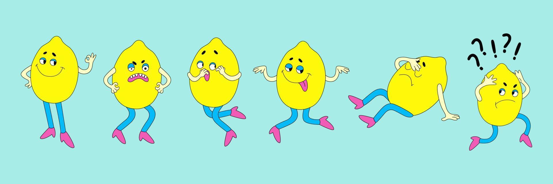 Funny cartoon Lemon characters with different emotions. Cute bright fruit sticker set in retro style. vector