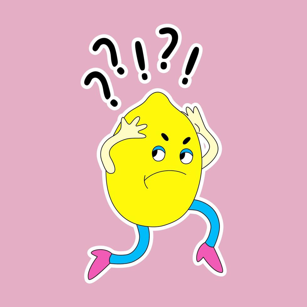 Funny cartoon character Lemon with unresolved questions in his head. Cute retro-style fruit sticker. vector