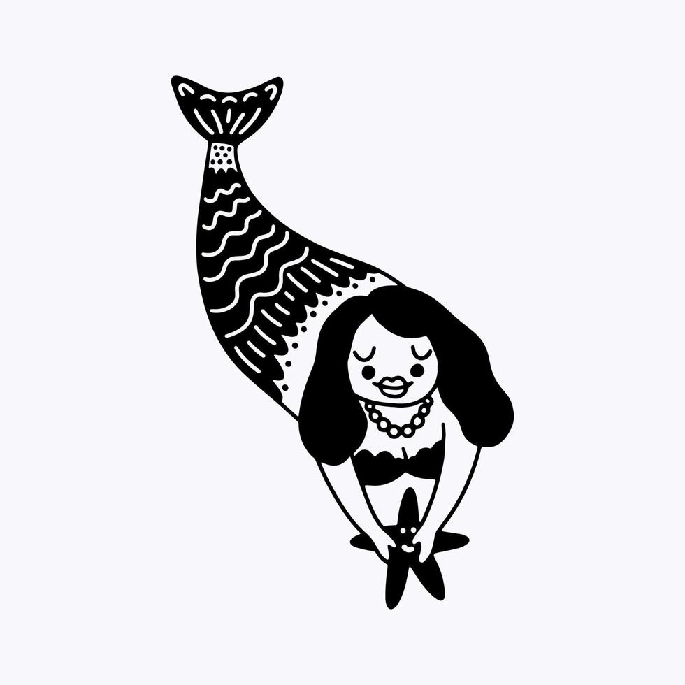 Funny mermaid with a starfish in her hands in the style of doodles. Marine theme. Hand drawing of isolated objects on a white background. Vector illustration. Coloring book.