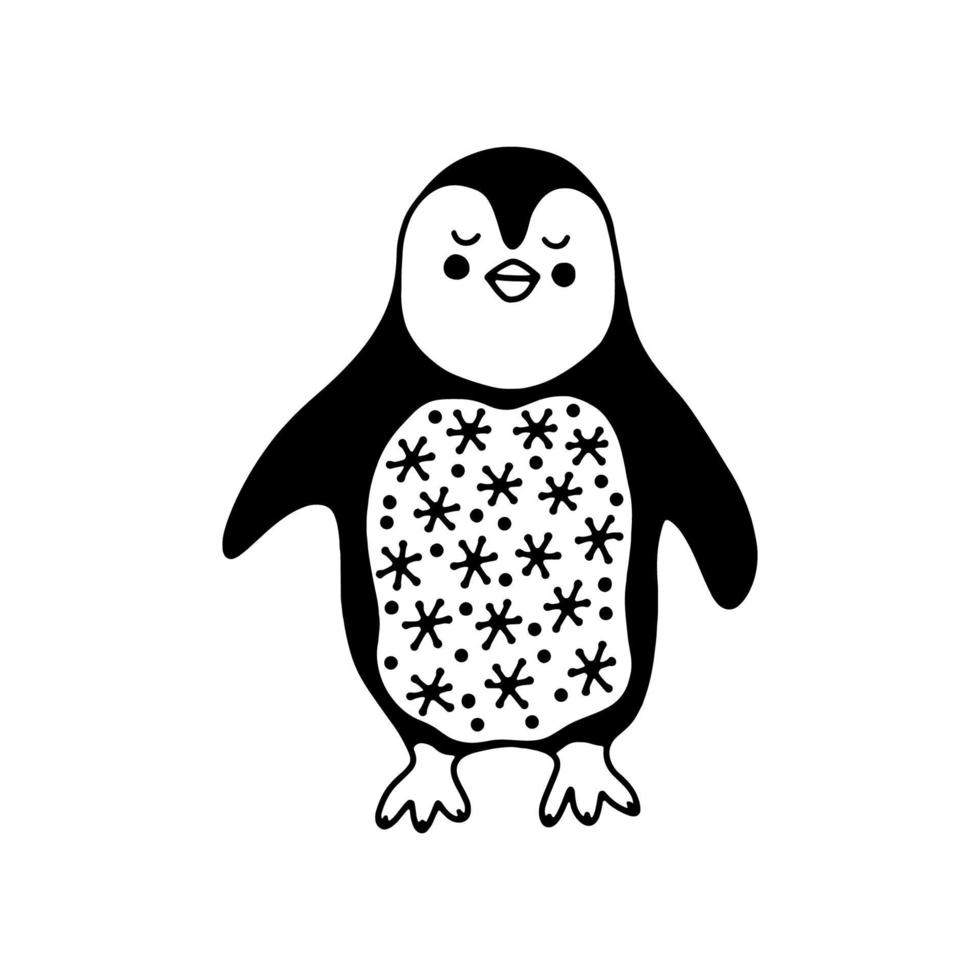 Funny penguin in Scandinavian style. Creative northern bird for fabric, poster, postcard, wallpaper, children's clothing. Vector monochrome doodle illustration. Coloring book.