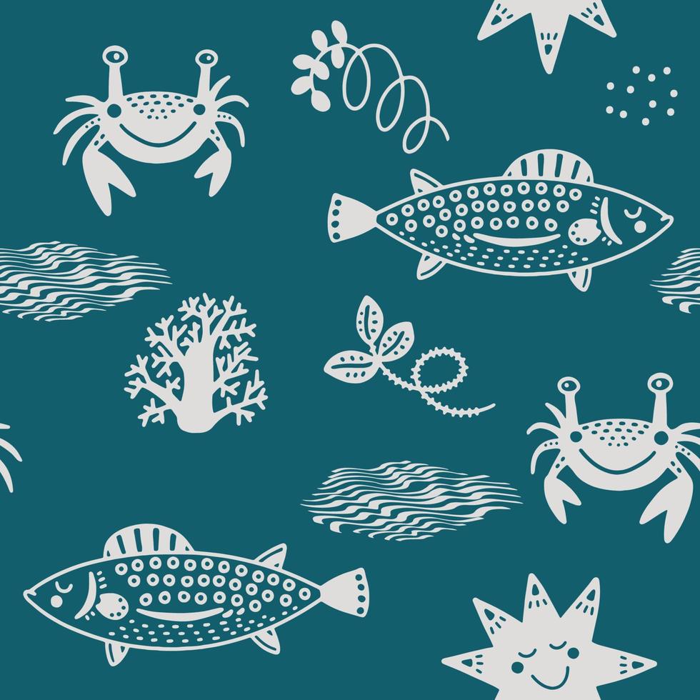 Cute kids Scandinavian seamless pattern with funny sea creatures. Fish, crab, coral and star. Cartoon illustration with doodles for baby shower, nursery decor, children's design. Vector. vector