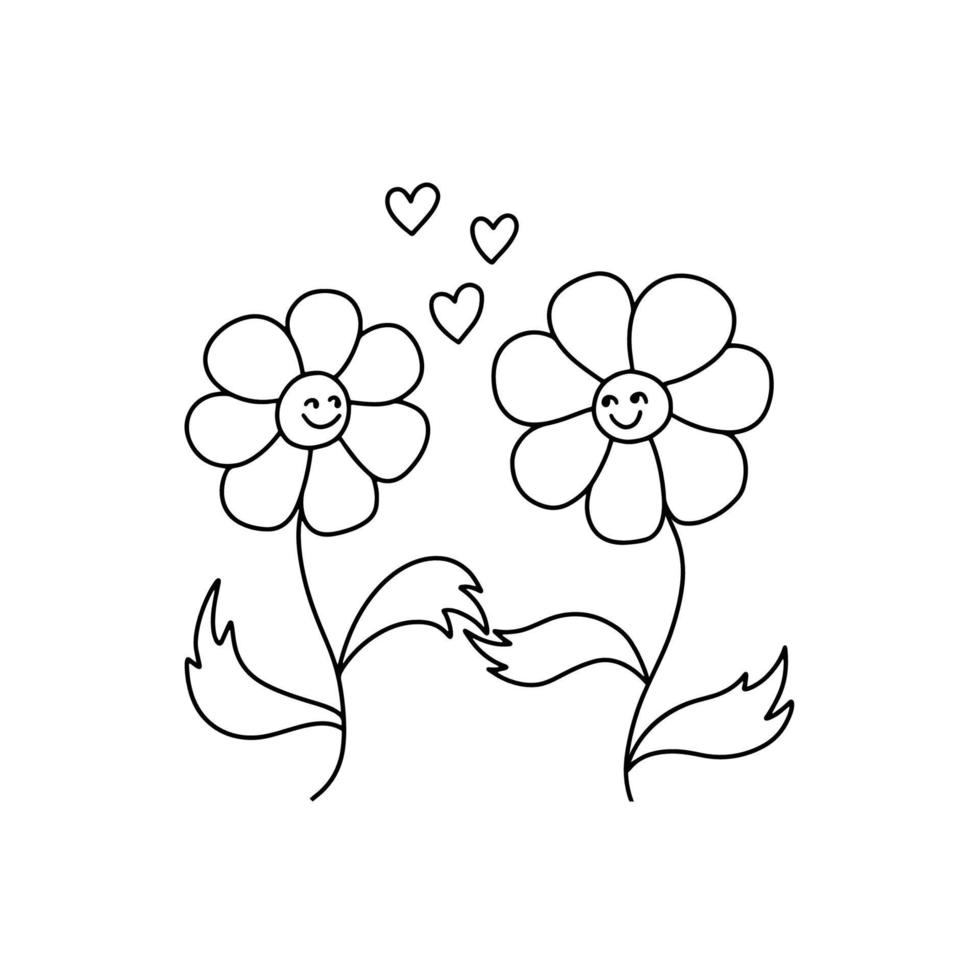 Lovers are two flowers with hearts in the doodle style. Congratulations on the day of engagement or Valentine's Day. Cartoon sketch. Element for greeting cards, posters, stickers and seasonal design. vector