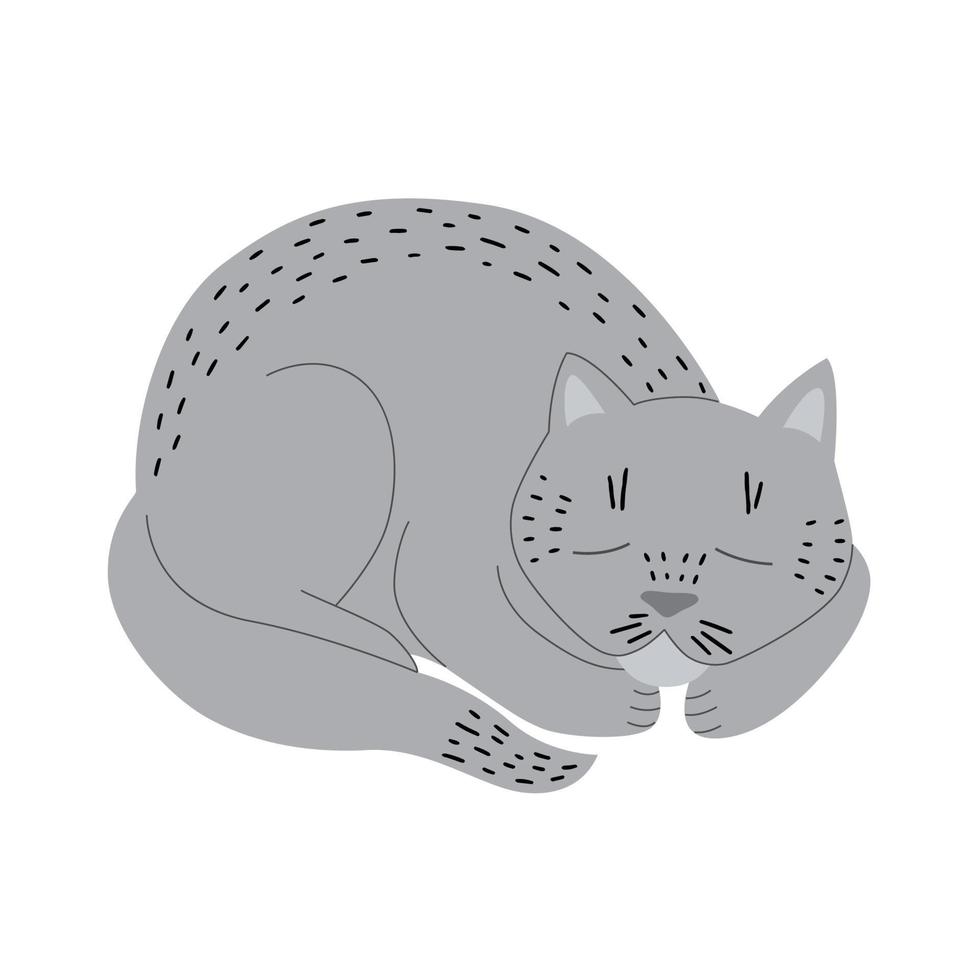 Cute gray cat sleeps curled up in a cartoon style. For web icons, postcards, children's design, etc. Vector illustration isolated on a white background.