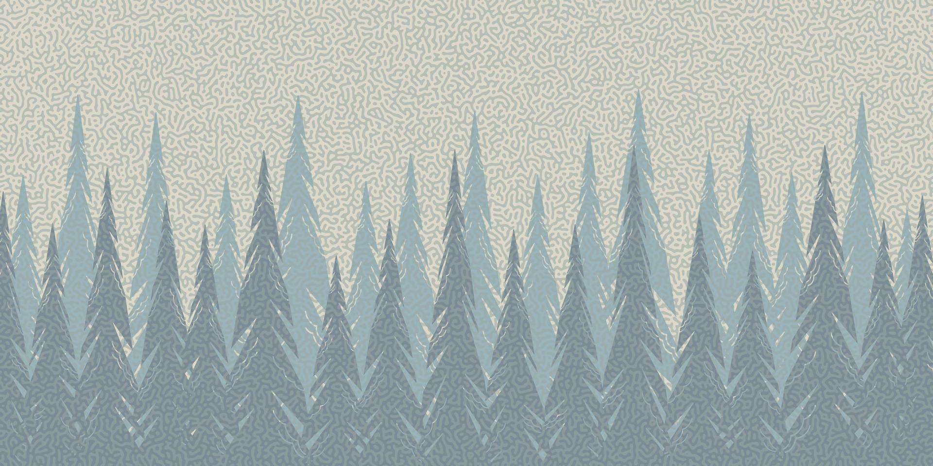 Abstract forest background with fir trees and interesting texture in beige blue tones, nature, landscape. Evergreen coniferous trees. Vector silhouettes of trees.