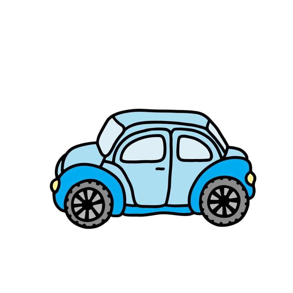 Funny toy car in cartoon style on a white background. Bright toy for kids. Coloring book for children. Vector illustration