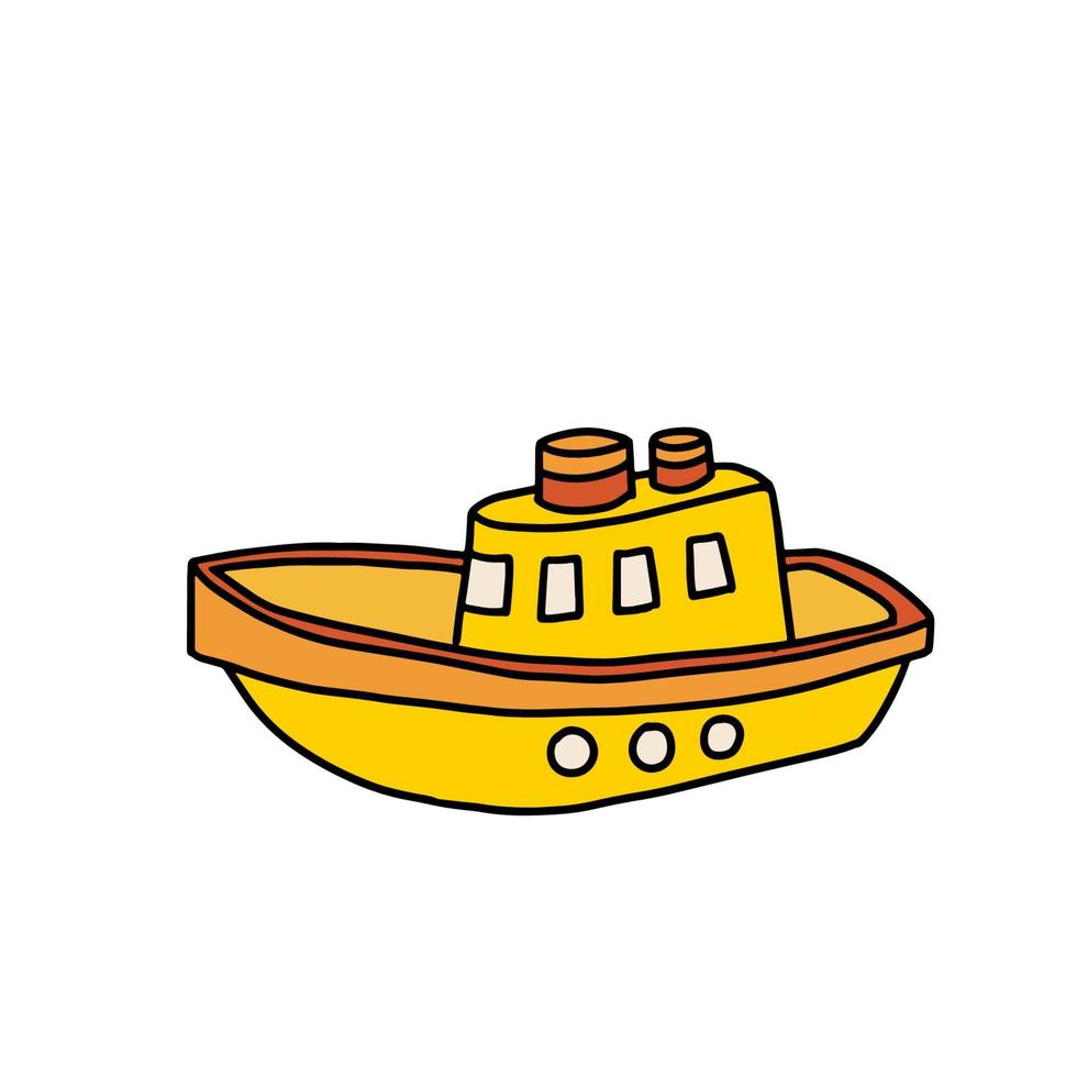 Funny toy boat in cartoon style on a white background. Children toy. Coloring book for children. Vector illustration