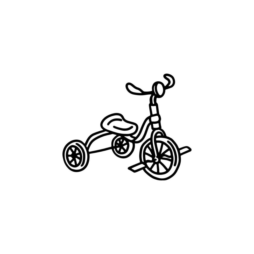 Funny toy bike in black outline style on a white background. Children toy. Coloring book for children. Vector illustration.