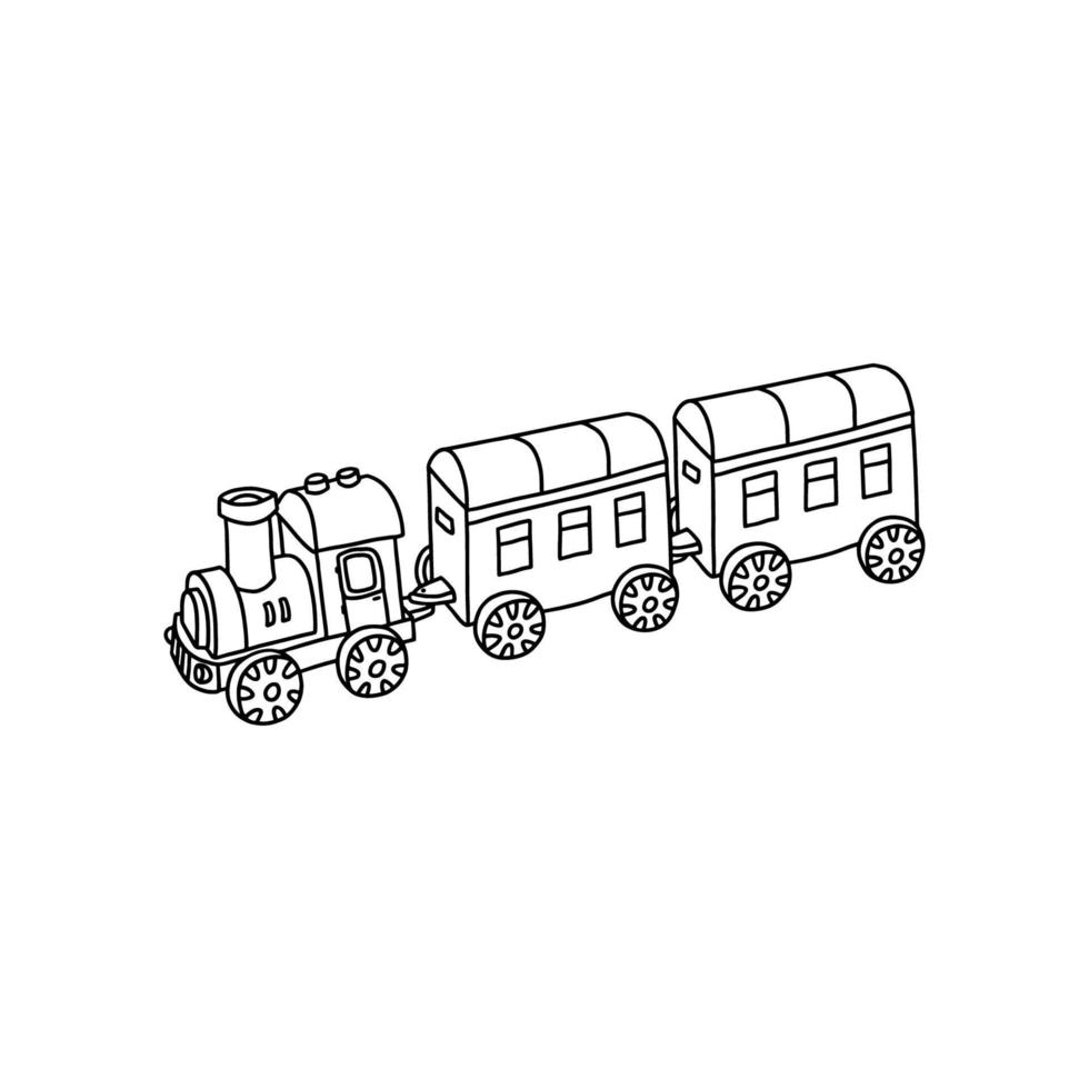 gracioso juguete vapor tren con vagones en negro contorno estilo en un blanco antecedentes. para niños juguete. colorante libro para niños. vector ilustración.