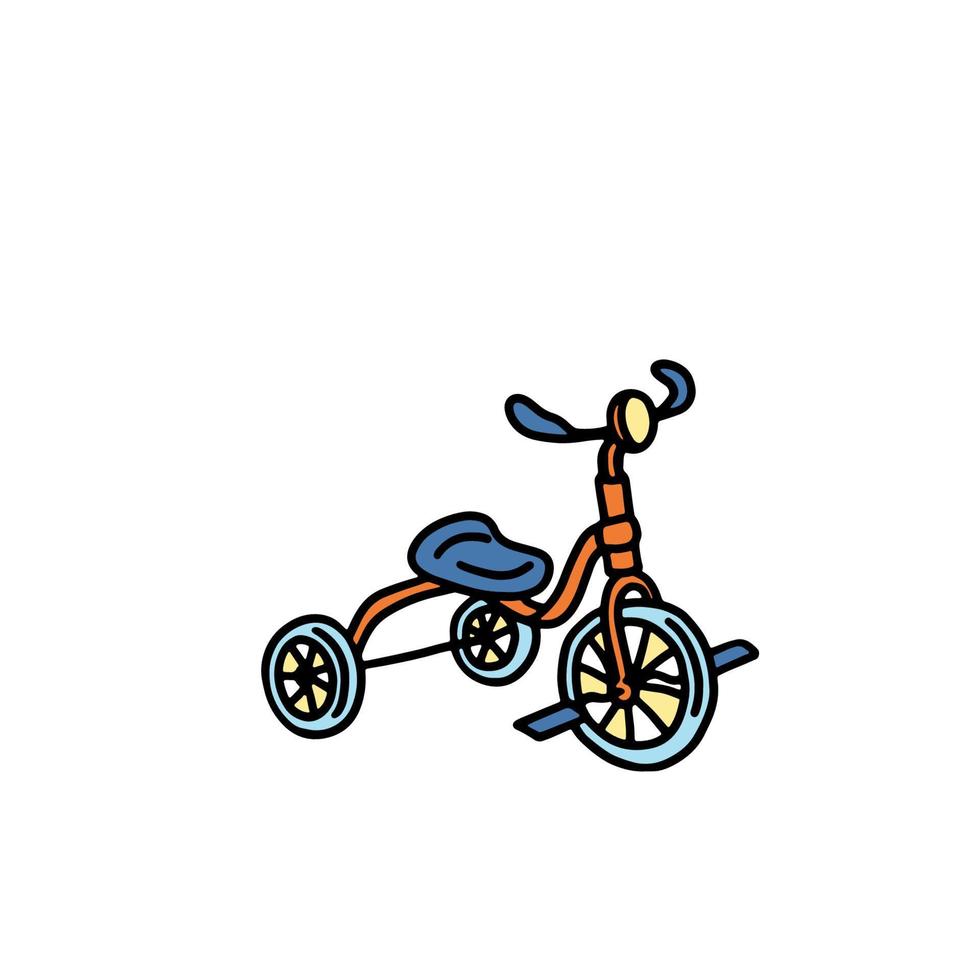 Funny toy tricycle in cartoon style on a white background. Children's toy bike. Bright picture for children. Vector illustration.