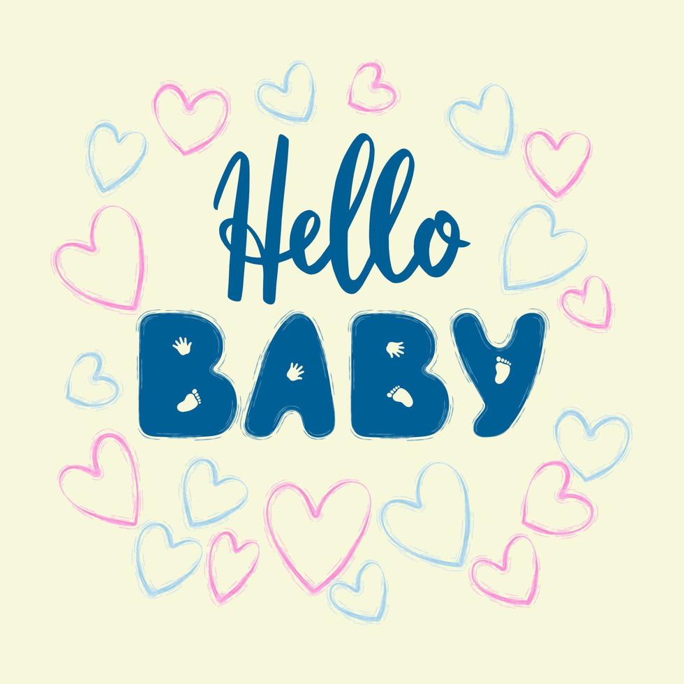 Lettering Hello Baby with pink and blue hearts on a light background. Vector illustration in cartoon style. For postcards, wrapping paper, banners, and holiday decorations.