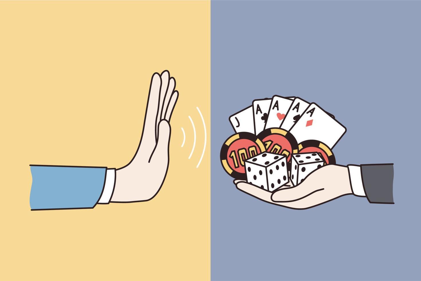 Refusal from gambling lifestyle concept. Human hand making no refusal denying sign from another hand holding cards and playing chips vector