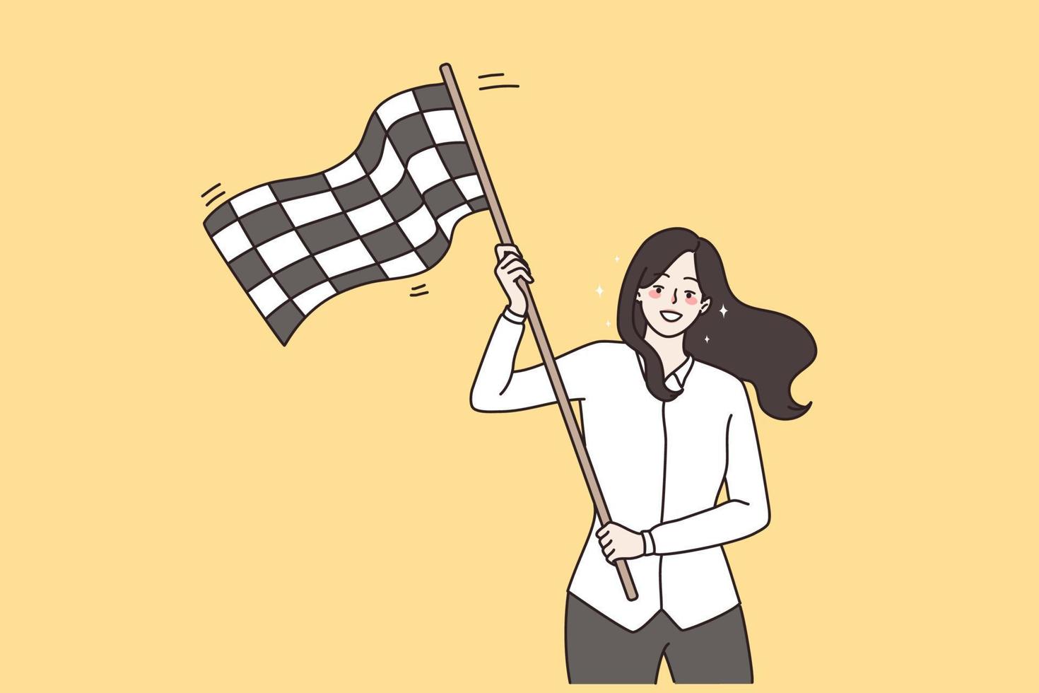 Success, business victory and celebrating concept. Young smiling business woman standing waving checkered flag to celebrate victory vector illustration