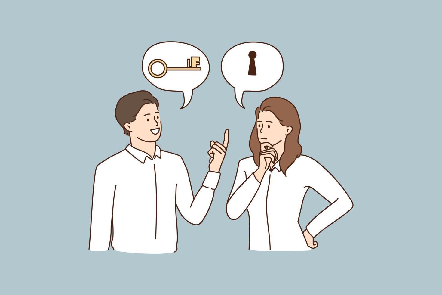 Man and woman think of business problem solution, bubbles with key and lock upwards. Pensive businesspeople make decision, unlock solve strategy or idea. Find answer. Vector illustration.