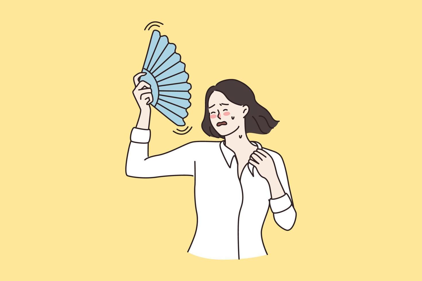 Unwell young woman feel overheated breathe fresh air wave with hand fan. Unhappy distressed girl use waver, lack conditioner or ventilation. Heatstroke, hormonal imbalance. Flat vector illustration.