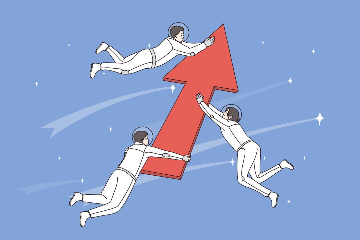 Development and exploring space concept. Group of positive men astronauts cosmonauts holding huge red arrow up meaning development and success vector illustration