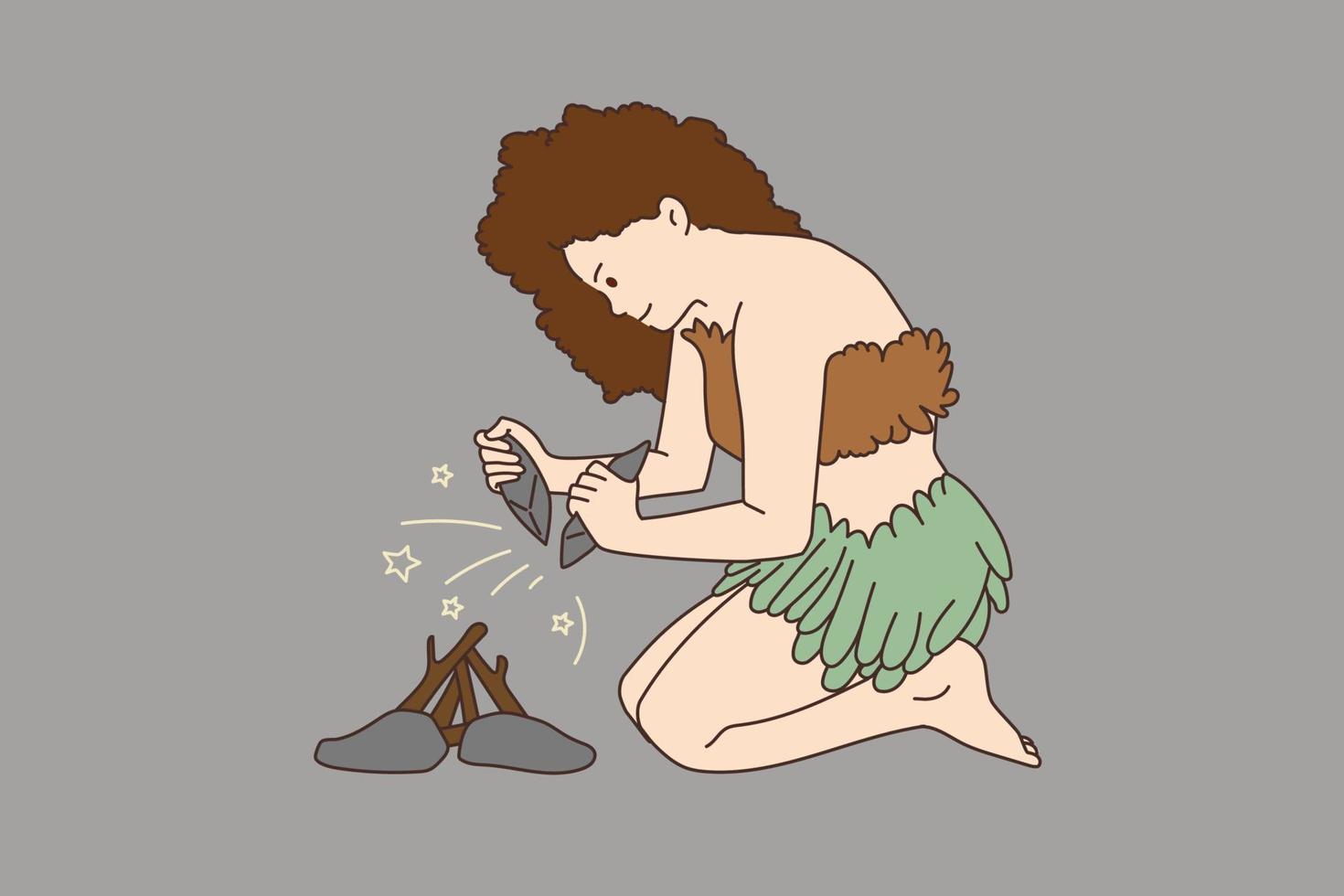 Ancient woman make receive fire from rocks, use spark to get flame for bonfire. Cartoon character female from prehistoric era survive during stone age. Ancestor habits. Flat vector illustration.