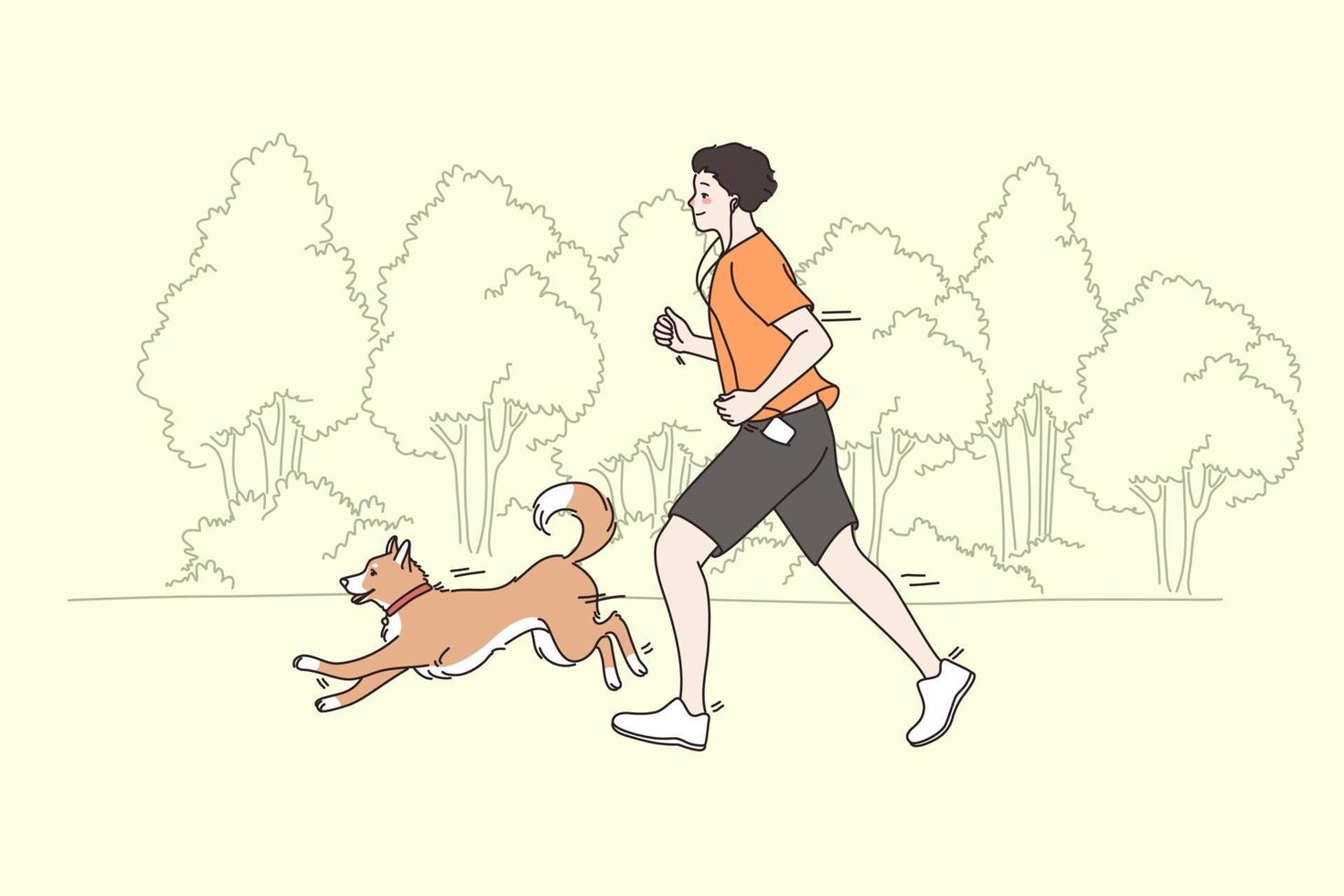 gasto hora y deporte con mascotas concepto. joven sonriente hombre corriendo trotar en parque con su perro corriendo aparte teniendo divertido y haciendo formación juntos vector ilustración