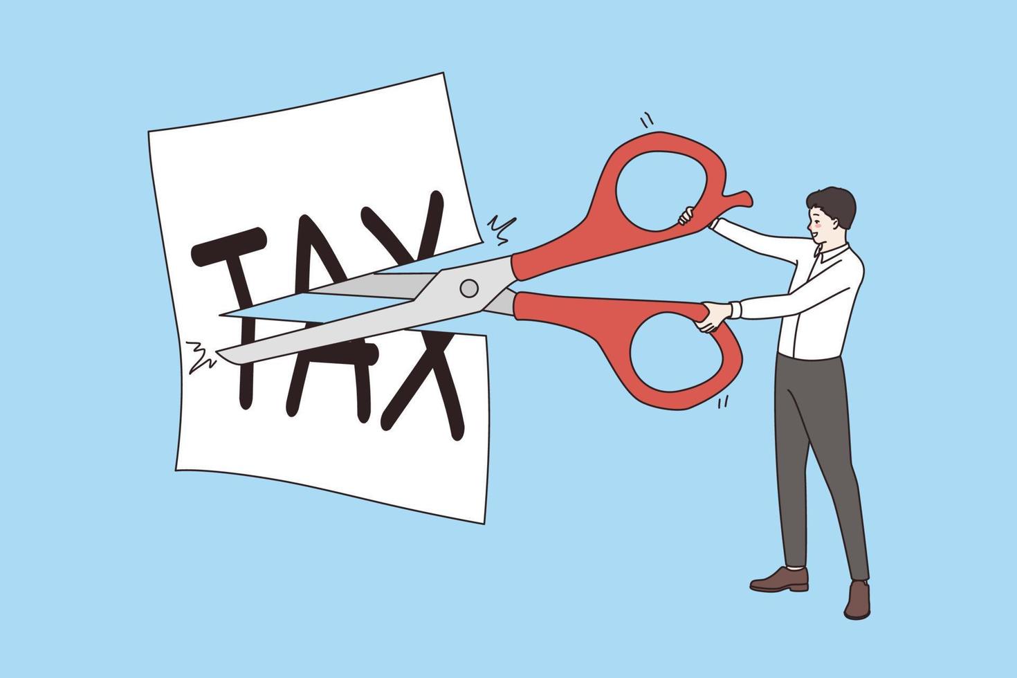 Lower and cutting tax concept. Businessman standing with scissors cutting tax written on white paper reducing making less vector illustration