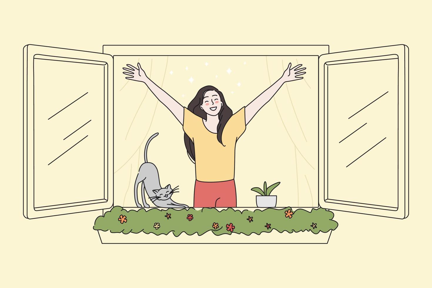 contento joven mujer Mira fuera de ventana reunirse Bienvenido nuevo día respirar Fresco aire. sonriente milenario niña extensión en Mañana disfrutar soleado fin de semana a hogar. plano vector ilustración. Delgado línea Arte bosquejo.