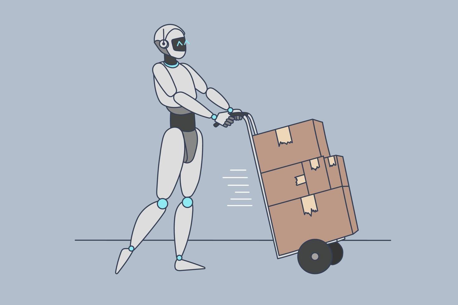 Robot assistant with track deliver packages parcels to people clients. Virtual digital humanoid helper carrier make delivery to customer. Modern technology, innovation. Flat vector illustration.