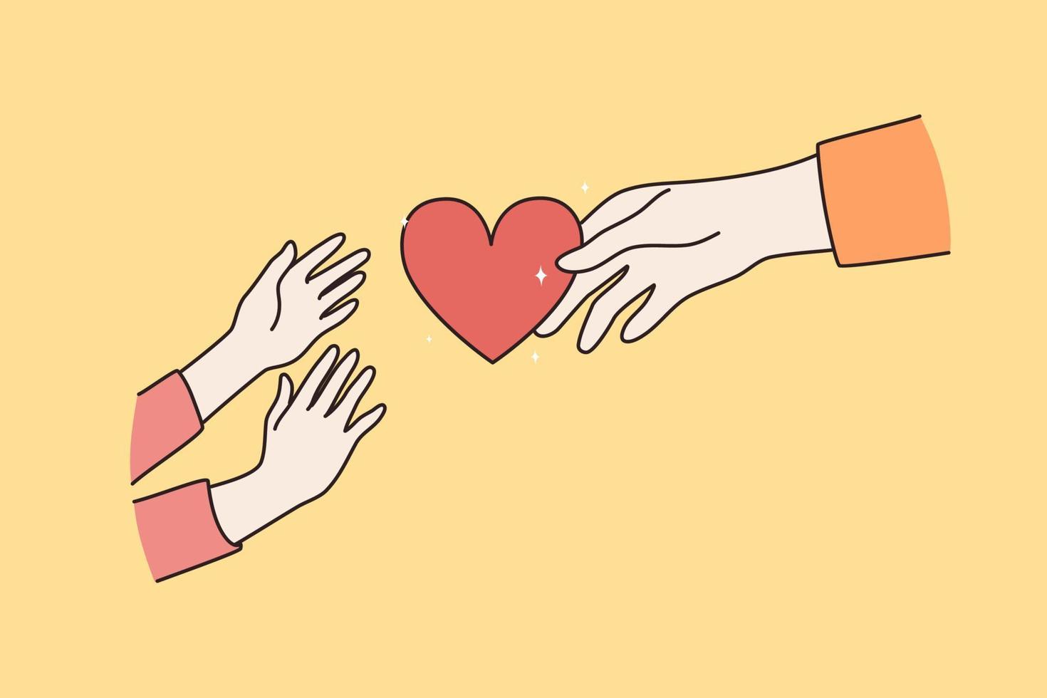 Taking care and parent child love concept. Hands of adult person giving red heart to childish hands reaching for it over yellow background vector illustration