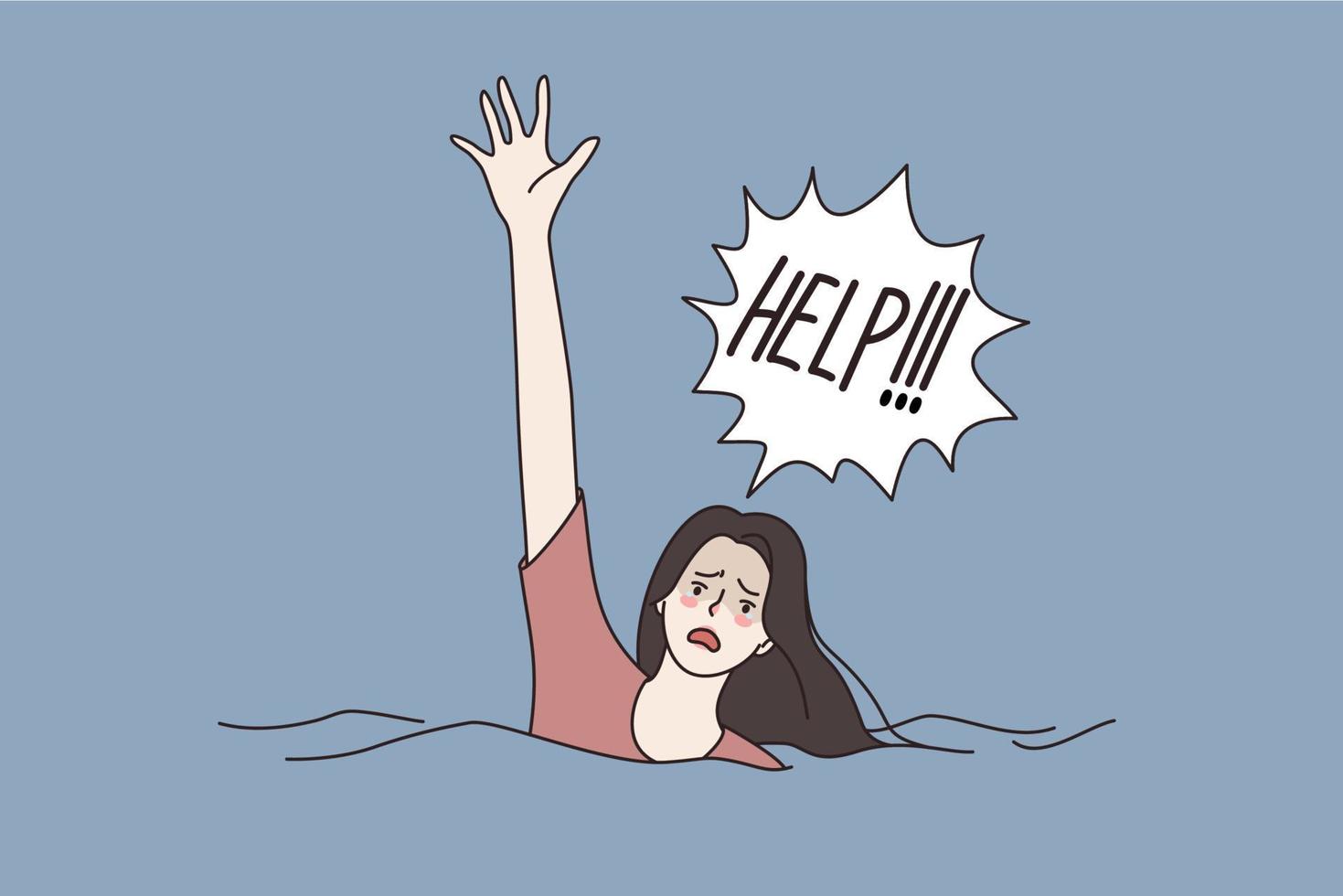 Asking for help and sos concept. Young woman cartoon character swimming drowning in water asking for help shouting trying to get attention vector illustration