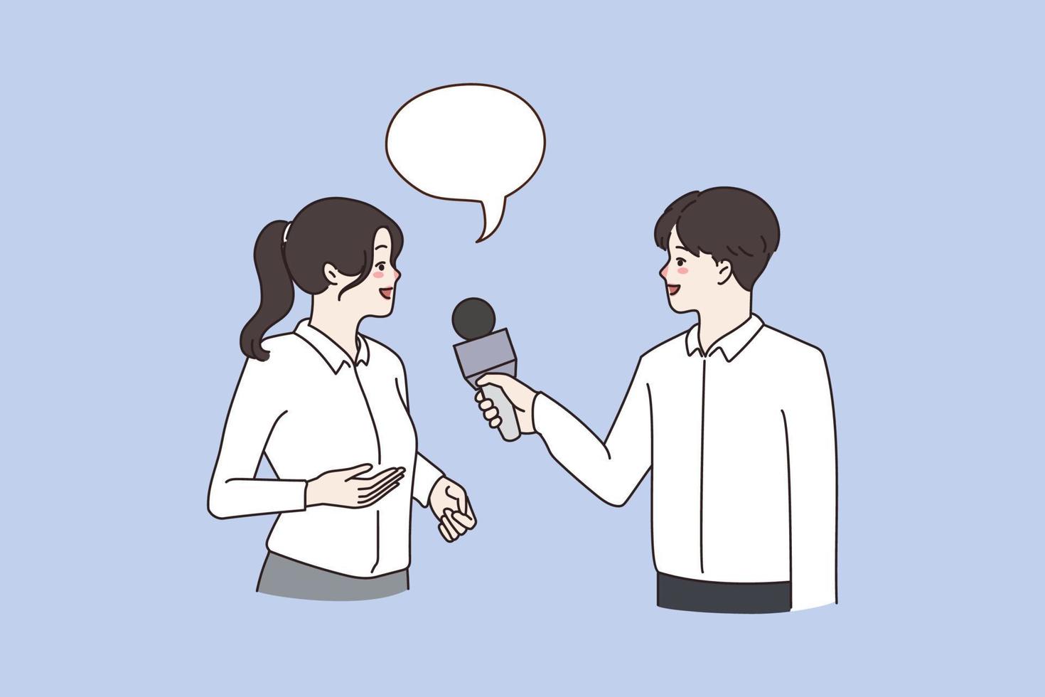 Man and woman talk have discussion interview at workplace for open position. Male reporter hold microphone speak with female. Empty bubble, copy space. Hiring, employment. Vector illustration.