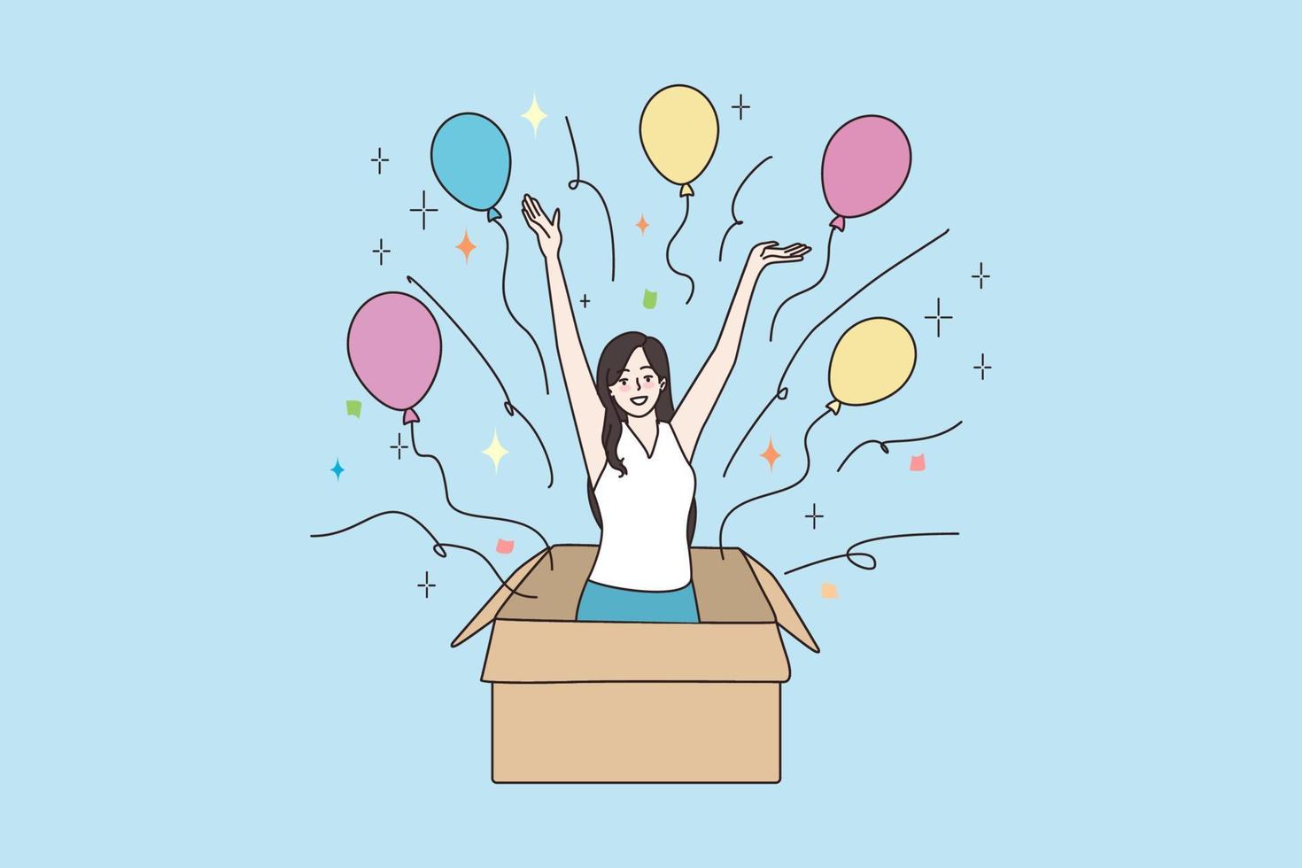 contento joven mujer saltar fuera de caja con globos hacer cumpleaños sorpresa. sonriente milenario niña tener divertido saludar felicitar hombre en aniversario. celebracion, fiesta. plano vector ilustración.