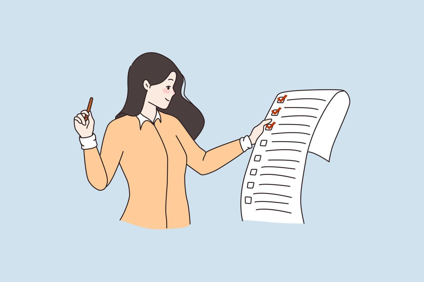 Woman hold paper to do list check tasks with mark symbol. Smiling girl note completed finished assignments on document. Time management and planning concept. Cartoon flat vector illustration.