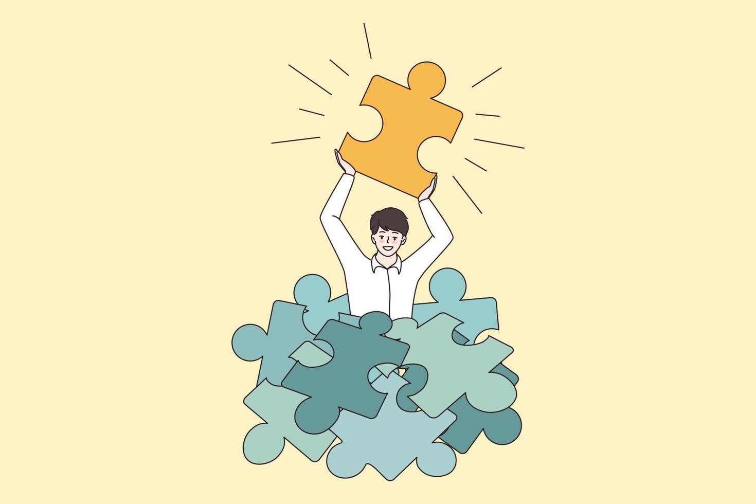 Happy man in pile search find jigsaw piece looking for business solution at work. Smiling male solve trouble. Goal achievement, purpose accomplishment concept. Flat vector illustration.