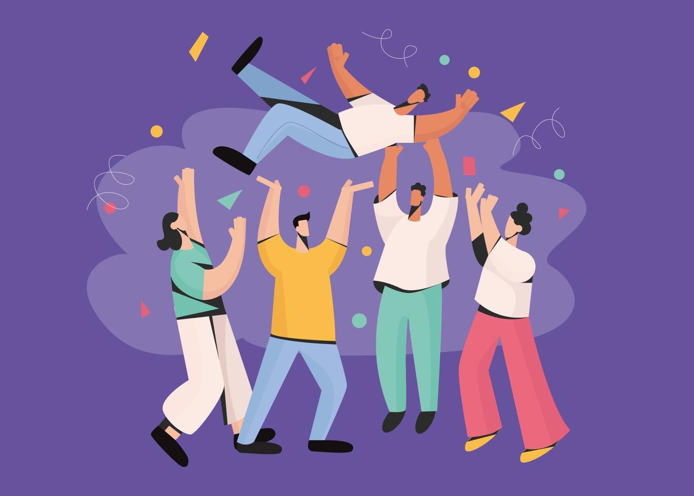 Diverse friends have fun celebrate birthday throw person up in air. Smiling happy people have business success celebration, goal victory achievement. Party, win concept. Vector illustration.