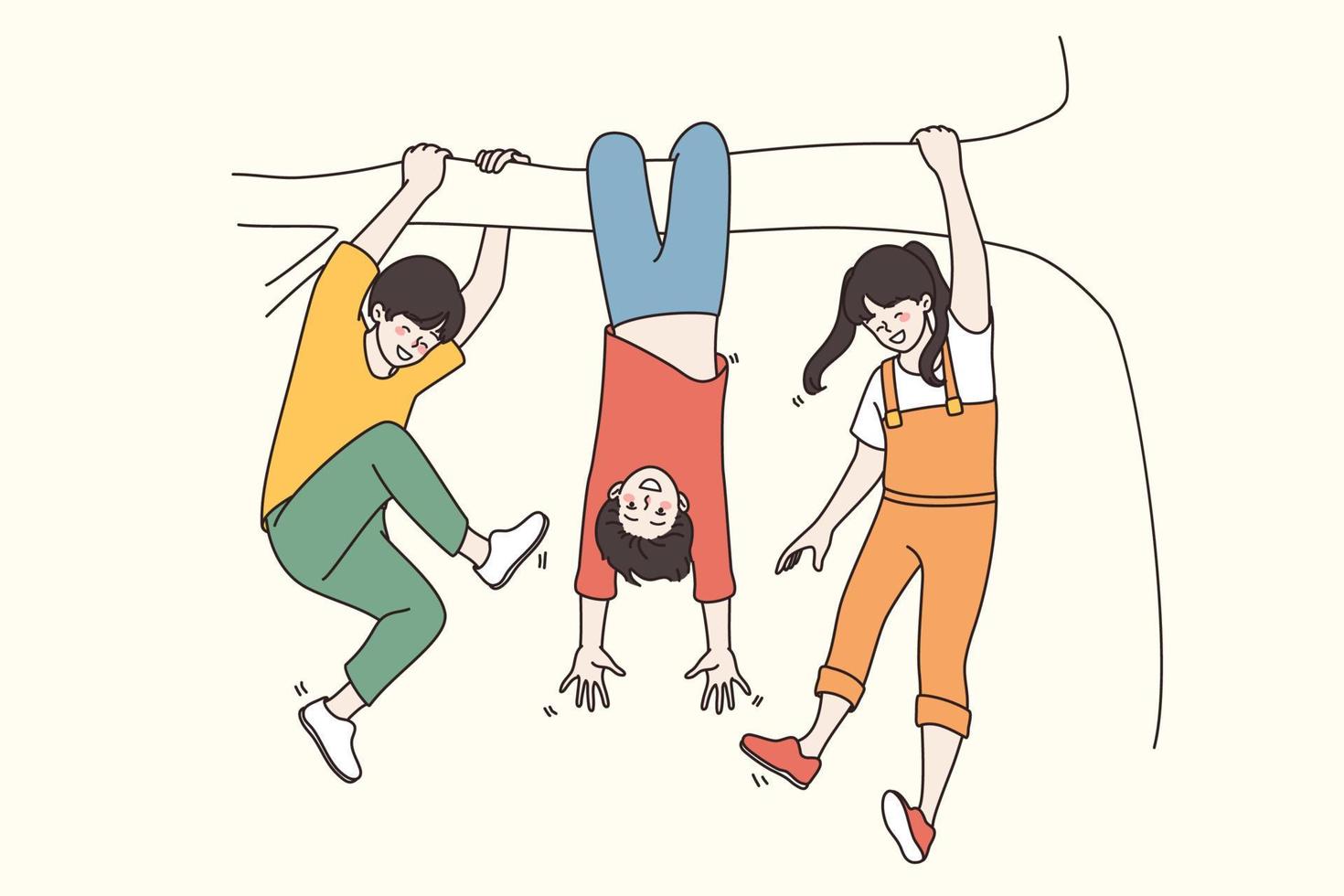 Celebrating Children Day and childhood concept. Happy smiling Children hanging on tree branch having fun enjoying vacations together vector illustration