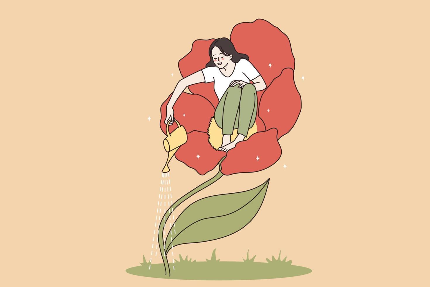 Loving and taking care of yourself concept. Young happy woman sitting in flower and watering it taking care of herself vector illustration