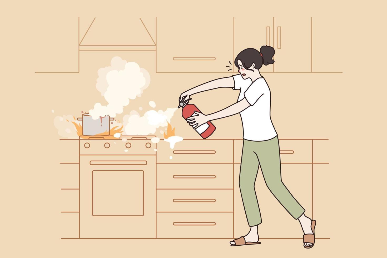 Preventing kitchen fire and flame concept. Young frustrated woman standing with fire extinguisher in hands extinguisher using putting to fire on plate vector illustration